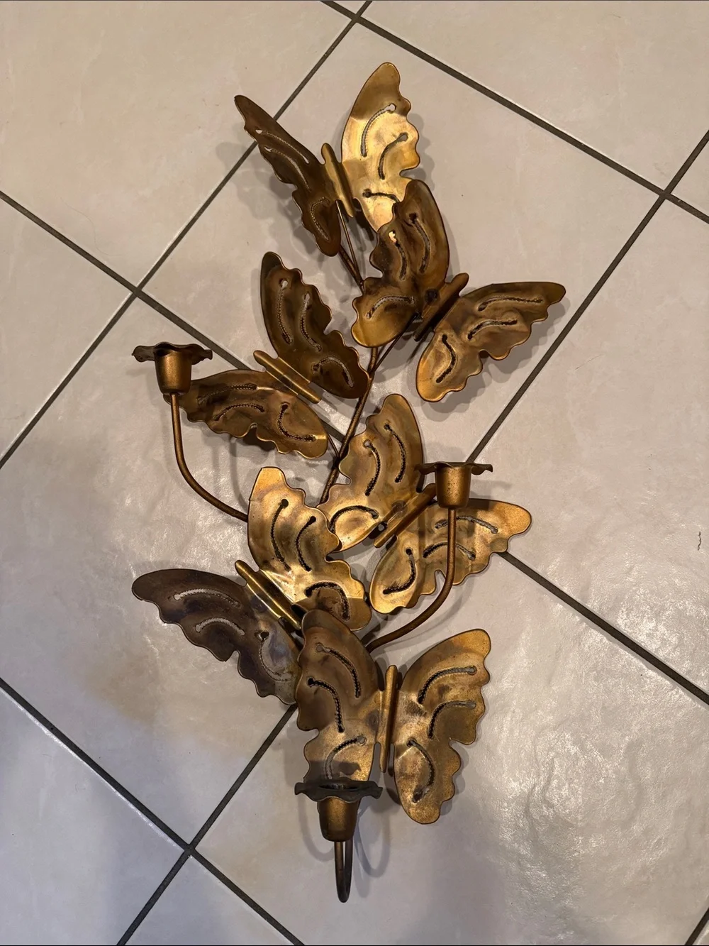 Vintage Brass Tone Butterfly Candle Holder Wall Sconce Metal Art MCM